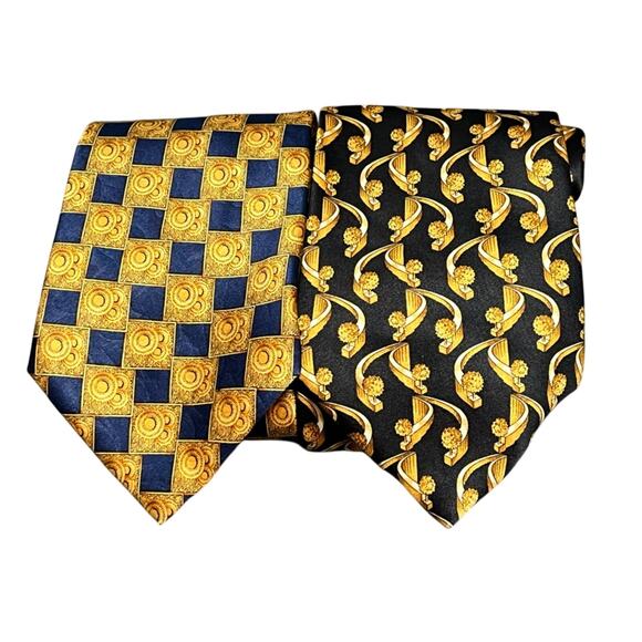 Pair of Authentic LANVIN Paris Paisley Design On Blue Gold 100% Silk Necktie Tie - Picture 1 of 11